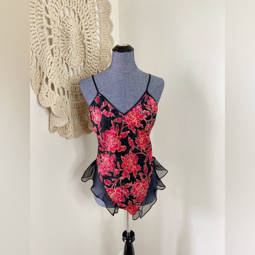 Victoria’s Secret Vintage 80s Sheer Ruffle Floral Black Red Bodysuit Teddy M